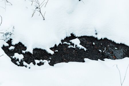 top view of small water stream flowing in snowy mountains