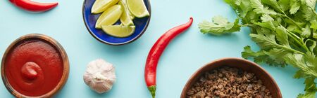 Top view of minced meat with ketchup, parsley and vegetables on blue background, panoramic shot