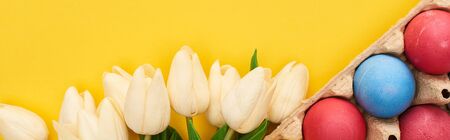 top view of tulips and multicolored painted Easter eggs in cardboard container on colorful yellow background, panoramic shotの写真素材