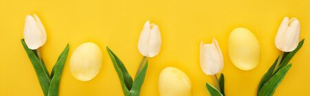 top view of tulips and painted Easter eggs on colorful yellow background, panoramic shot
