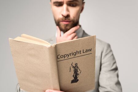 serious lawyer reading book with copyright law title isolated on greyの写真素材