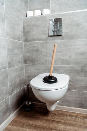 plunger on white toilet near toilet paper rollsの写真素材