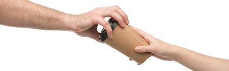 panoramic shot of woman and man holding paper cup isolated on whiteの写真素材