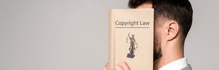 panoramic shot of lawyer obscuring face with copyright law book isolated on greyの写真素材