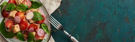 top view of delicious Italian vegetable salad panzanella served on plate on textured green surface...