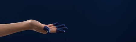 cropped view of female hand with painted fingers isolated on blue background, panoramic shotの写真素材