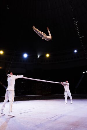 air acrobat jumping while performing near pole in circus
