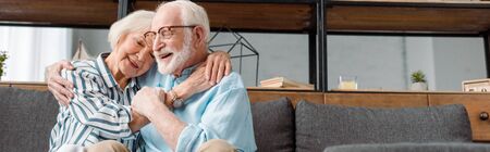 Panoramic shot of smiling senior woman hugging husband on couch at homeの写真素材