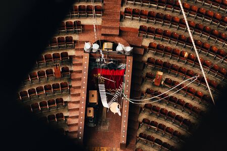 Top view of entrance and empty seats in circus, selective focus