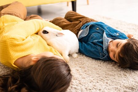 adorable brother and sister lying on floor near white funny rabbitの写真素材