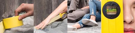 collage of couple using tape and level while renovating home