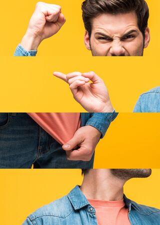 collage of man gesturing and showing emotions isolated on yellowの写真素材
