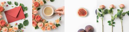 collage of woman holding cup of coffee, pink flowers, envelope and fresh figsの写真素材