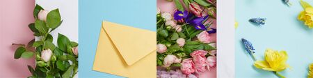 collage of blooming and fresh flowers near envelopeの写真素材