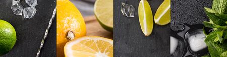collage of sliced limes, ice cubes and tasty oranges on blackの写真素材