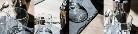 collage of clean glasses on wooden surfaceの写真素材