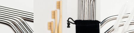 collage of  wooden toothbrushes near metallic straws isolated on white, eco friendly conceptの写真素材