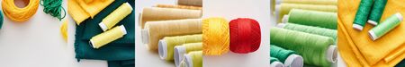 collage of colorful cotton thread spools and cloth, sewing concept
