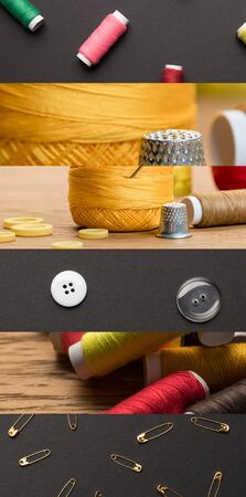collage of colorful cotton thread spools and cloth, sewing conceptの写真素材
