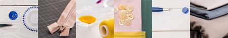 collage of colorful cotton thread spools and cloth, sewing concept