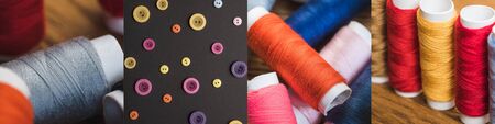 collage of colorful cotton thread spools and cloth, sewing concept