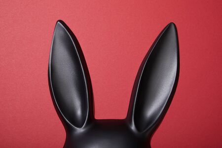 top view of black rabbit mask on red backgroundの写真素材