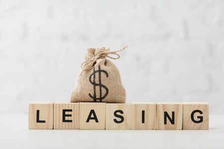 dollar bag with leasing lettering on wooden cubes on whiteの写真素材