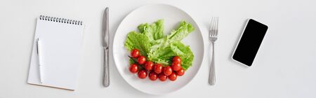 Top view of notebook, raw vegetables on plate and smartphone on white background, panoramic shotの写真素材