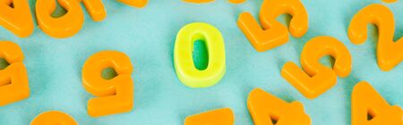 Panoramic shot of yellow zero and orange plastic numbers on blue background