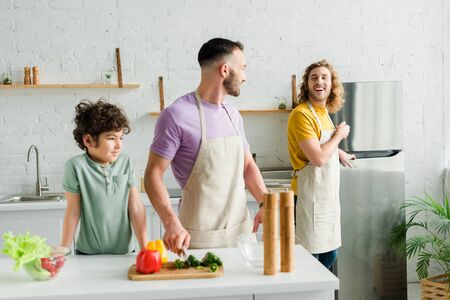 cute mixed race kid near happy homosexual parents in kitchenの写真素材