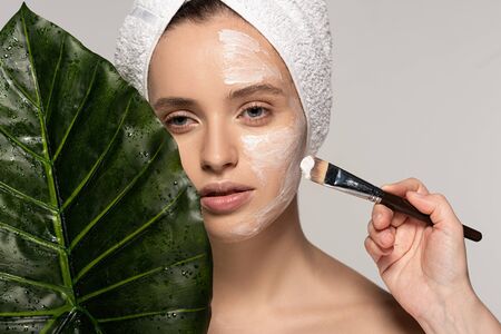 attractive girl applying mask on face with cosmetic brush, isolated on grey with leafの写真素材