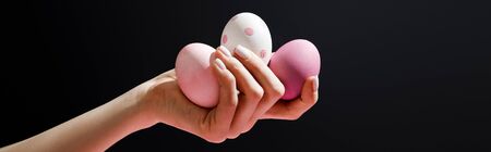 Cropped view of woman holding chicken eggs isolated on black background, panoramic shot
