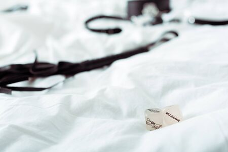 selective focus of kamasutra dice with bedroom lettering near bdsm leash on white bedding
