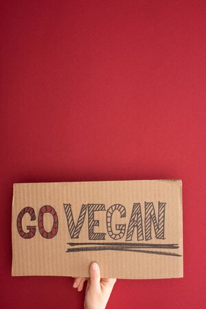 partial view of woman holding cardboard with go vegan inscription on red backgroundの写真素材