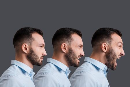 collage of bearded and angry man screaming isolated on greyの写真素材