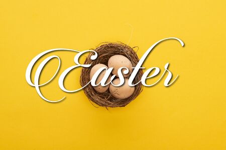 top view of chicken eggs in nest on colorful yellow background with Easter illustration