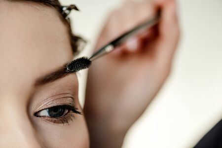 cropped view of makeup artist styling eyebrow of woman