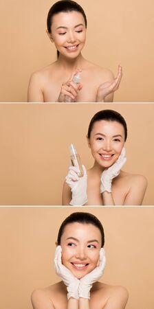 collage with cheerful naked asian girl in latex gloves holding antiseptic spray isolated on beigeの写真素材