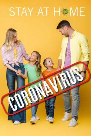 happy family holding hands with children on yellow, coronavirus illustrationの写真素材