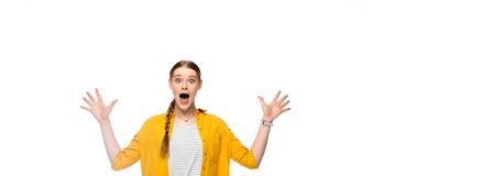 scared pretty girl with braid screaming isolated on white, panoramic shotの写真素材