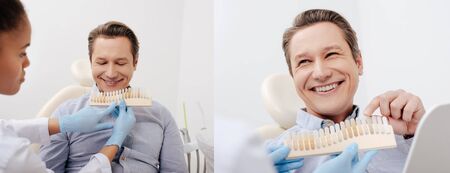 collage of happy man pointing with finger at teeth palette near african american dentist in latex...