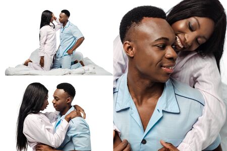 collage of happy african american couple hugging in bed in pajamas isolated on whiteの写真素材