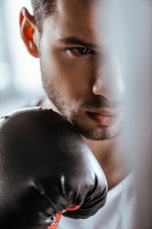selective focus of handsome sportsman in black boxing gloveの写真素材