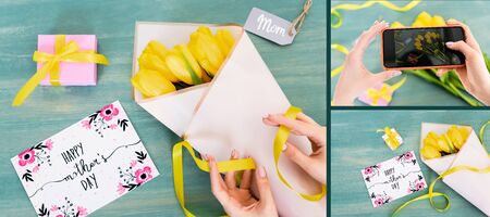 collage of woman taking photo of yellow tulips, gift box, mom tag lettering and greeting card with...