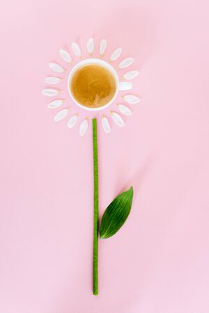 top view of cup of coffee near white flower petals on pink, mothers day conceptの写真素材
