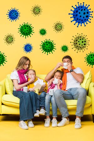 sick family with napkins having runny noses while sitting on sofa on yellow, bacteria illustrationの写真素材
