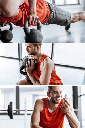 collage of happy sportsman looking at bottle with probiotic lettering and exercising with dumbbells in gymの写真素材