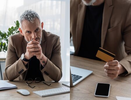 collage of businessman with clenched hands looking at camera and holding credit card near smartphone...