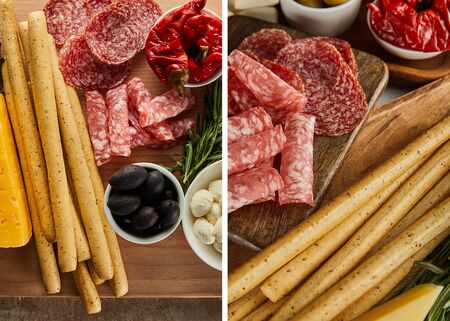 Collage of boards with breadsticks, salami slices and antipasto ingredients