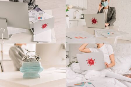 collage of freelancer working at home on laptop with coronavirus bacteria sticker, and alarm clock...